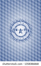 deep squat icon inside blue hexagon emblem.