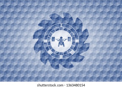 deep squat icon inside blue badge with geometric pattern background.