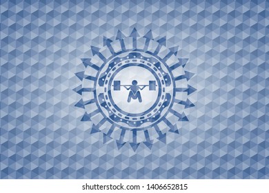 deep squat icon inside blue emblem or badge with abstract geometric pattern background.