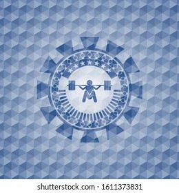 deep squat icon inside blue emblem with geometric pattern background.