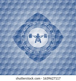 deep squat icon inside blue badge with geometric pattern.
