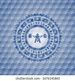 deep squat icon inside blue emblem with geometric pattern.