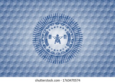 deep squat icon inside blue emblem or badge with abstract geometric polygonal pattern background. 