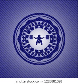 deep squat icon inside emblem with jean background