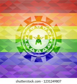 deep squat icon inside emblem on mosaic background with the colors of the LGBT flag
