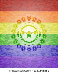 deep squat icon inside emblem on mosaic background with the colors of the LGBT flag