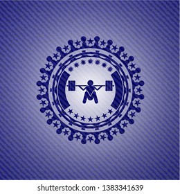deep squat icon inside emblem with denim texture