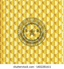 deep squat icon inside gold badge. Scales pattern. Vector Illustration. Detailed.