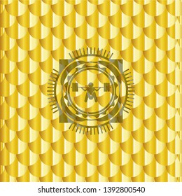 deep squat icon inside golden badge. Scales pattern. Vector Illustration. Detailed.
