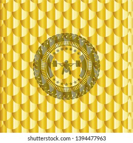 deep squat icon inside golden emblem. Scales pattern. Vector Illustration. Detailed.