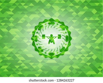 deep squat icon inside green emblem with mosaic background