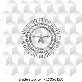 deep squat icon inside grey emblem. Vintage with geometric cube white background