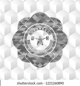 deep squat icon inside grey emblem. Vintage with geometric cube white background