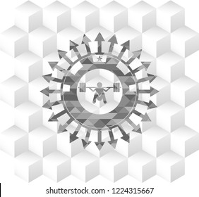 deep squat icon inside grey emblem. Retro with geometric cube white background