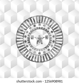 deep squat icon inside grey emblem. Vintage with geometric cube white background