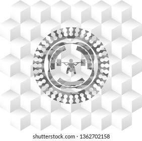deep squat icon inside grey emblem with geometric cube white background