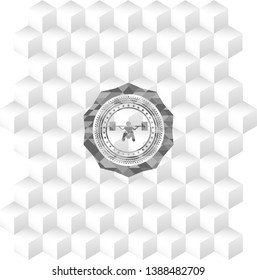 deep squat icon inside grey badge with geometric cube white background
