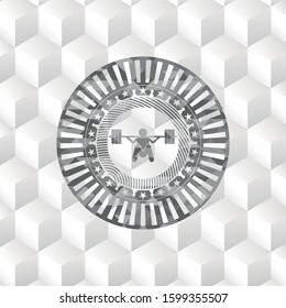 deep squat icon inside grey emblem. Retro with geometric cube white background