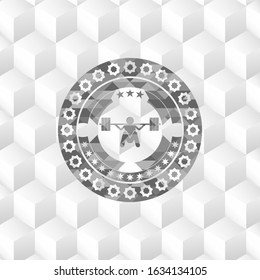 deep squat icon inside grey emblem. Retro with geometric cube white background