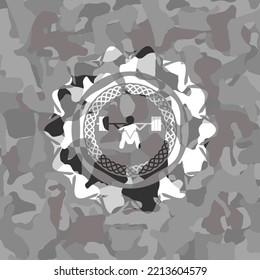 Deep Squat Icon Inside Grey Camo Texture. 