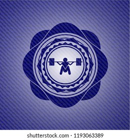 deep squat icon inside jean or denim emblem or badge background