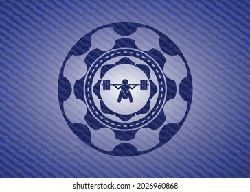 deep squat icon inside jean or denim emblem or badge background. 