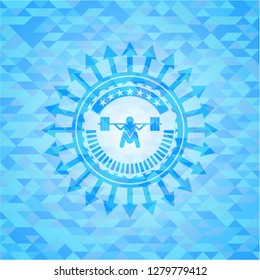 deep squat icon inside light blue emblem. Mosaic background