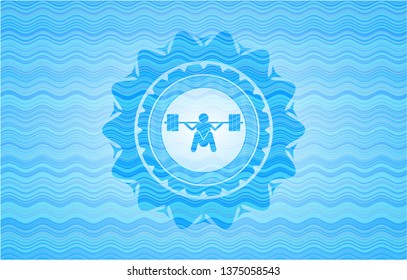 Deep Squat Icon Inside Light Blue Water Style Emblem.