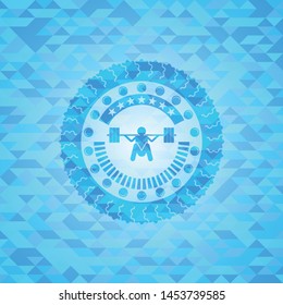 deep squat icon inside light blue emblem with mosaic background