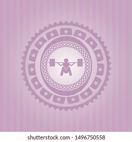 deep squat icon inside pink emblem. Retro