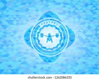 deep squat icon inside realistic sky blue emblem. Mosaic background