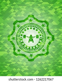 deep squat icon inside realistic green emblem. Mosaic background
