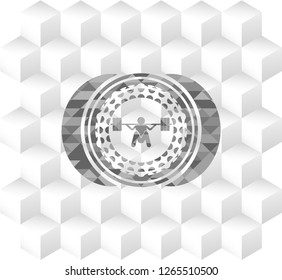 deep squat icon inside realistic grey emblem with cube white background