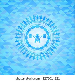 deep squat icon inside realistic sky blue mosaic emblem