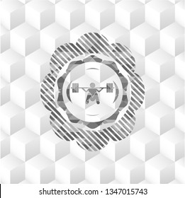 deep squat icon inside realistic grey emblem with geometric cube white background