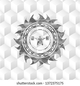 deep squat icon inside realistic grey emblem with geometric cube white background