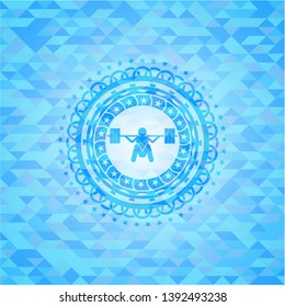 deep squat icon inside realistic sky blue mosaic emblem