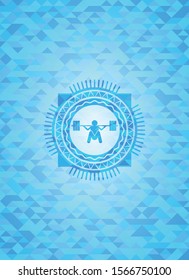 deep squat icon inside realistic light blue emblem. Mosaic background