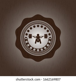 deep squat icon inside realistic wooden emblem