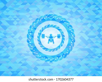 deep squat icon inside realistic sky blue mosaic emblem. 