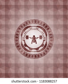 deep squat icon inside red badge with geometric pattern background. Seamless.