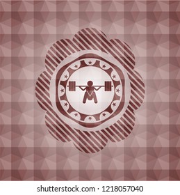 deep squat icon inside red emblem or badge with geometric pattern background. Seamless.