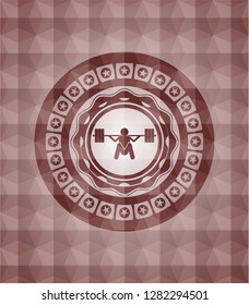 deep squat icon inside red seamless emblem with geometric background.
