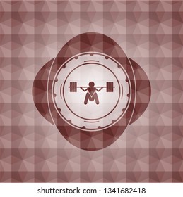 deep squat icon inside red seamless emblem with geometric background.
