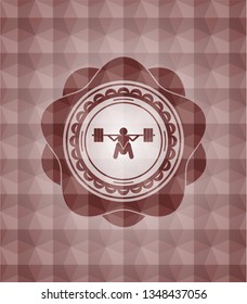 deep squat icon inside red emblem or badge with geometric pattern background. Seamless.