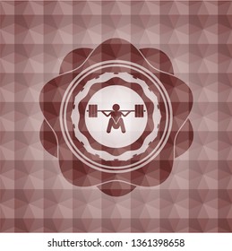 deep squat icon inside red badge with geometric background. Seamless.