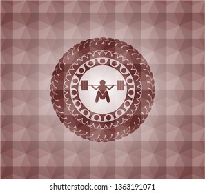 deep squat icon inside red geometric pattern emblem. Seamless.