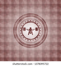deep squat icon inside red emblem with geometric background. Seamless.