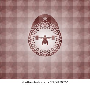 deep squat icon inside red emblem or badge with geometric pattern background. Seamless.