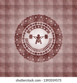 deep squat icon inside red badge with geometric pattern. Seamless.